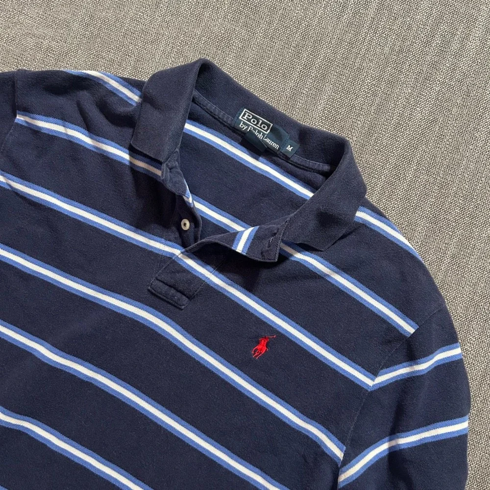 Polo Ralph Lauren Polo Shirt Mens M Navy Blue Striped Cotton Short Sleeve Pique